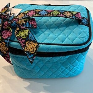 Quilted Blue Cosmetic Bag with Colorful Ribbon